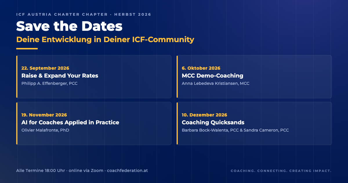 Vier Termine des ICF Austria Chapter im Herbst 2026 auf dunkelblauem Hintergrund